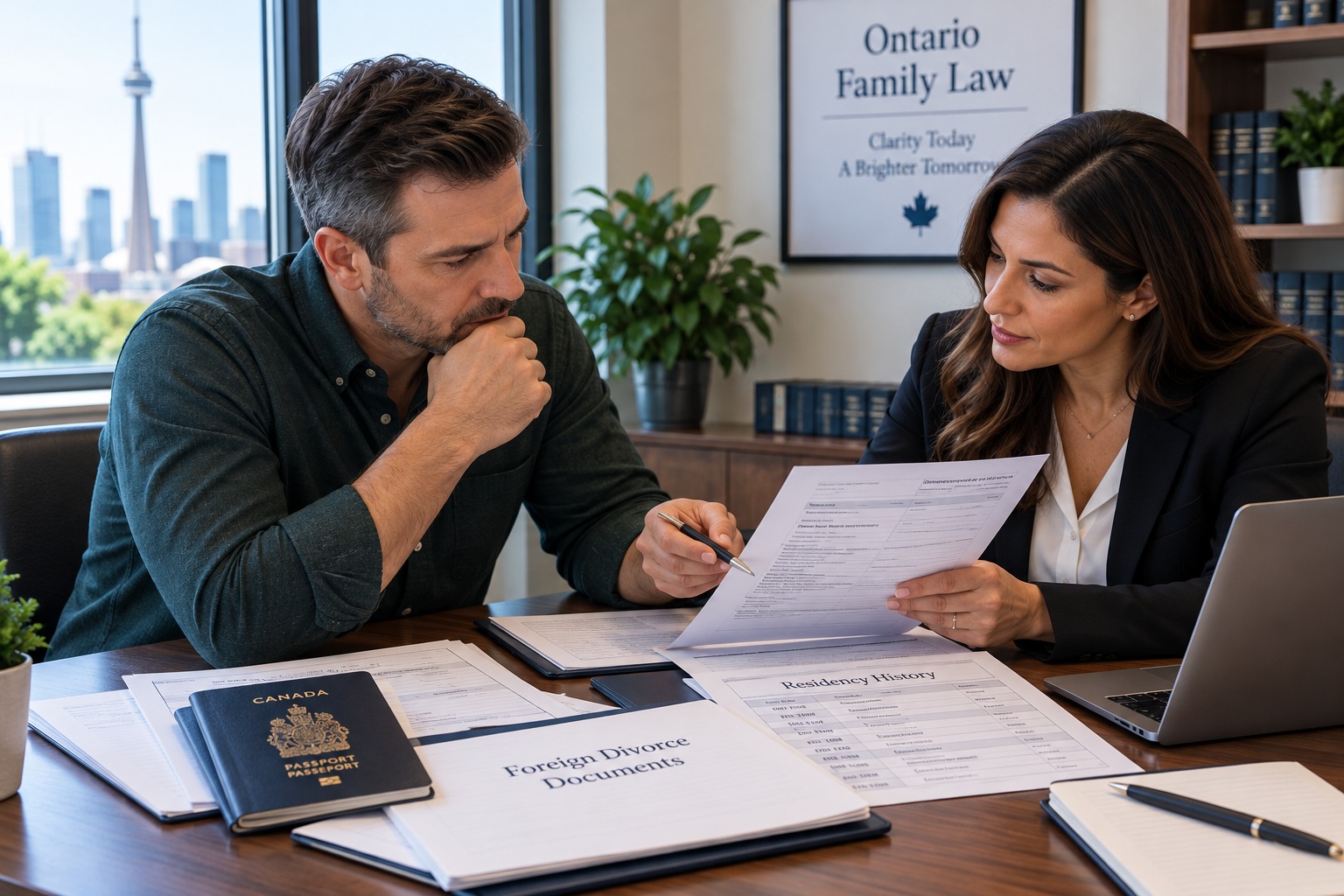 Ontario lawyer reviewing foreign divorce documents and residency history
